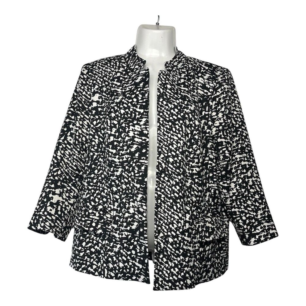 Kim Rogers Blazer Jacket Women Size 12 Black White Abstract Open Cardigan Office